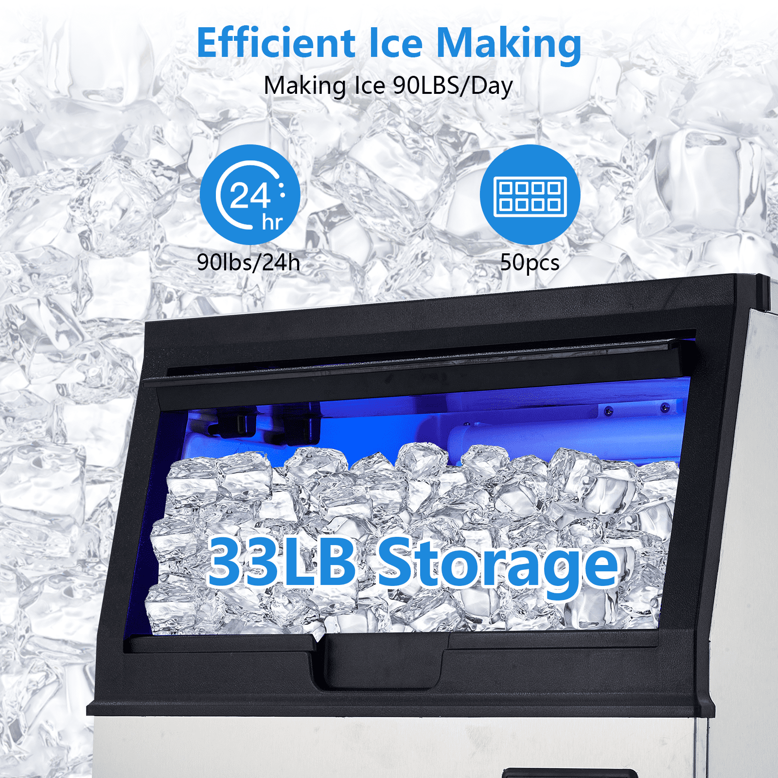 High Efficiency Commercial Ice Maker – 100lbs/24H Output, 33lbs Storage, Freestanding Stainless Steel, Makes 50 Cubes in 8-15 Mins, Under Counter, 2 Water Inlet Modes, Water Filter & Scoop Included