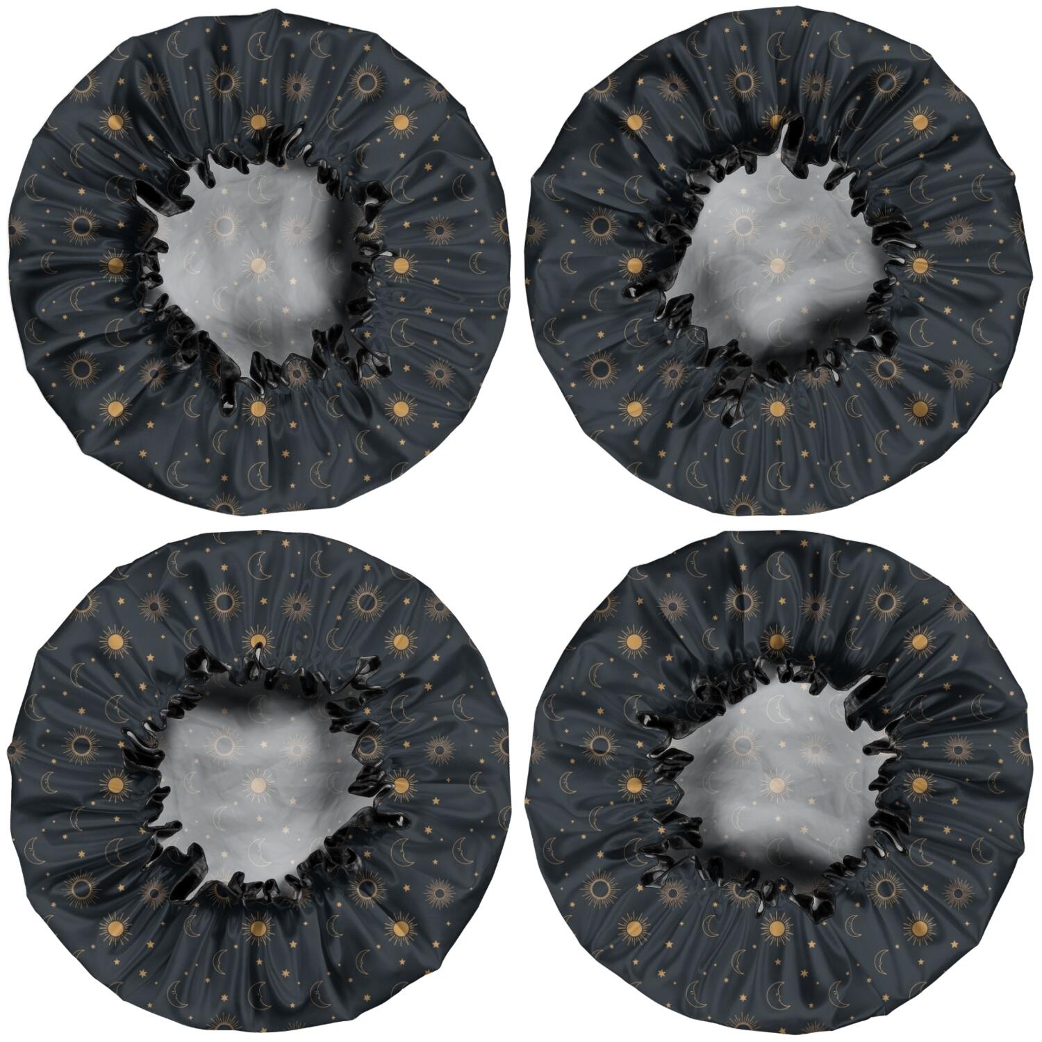 Shower Caps,Dark Blue Sun Moon Pattern Waterproof Shower Cap for Women 4 Pieces,Double Reusable Hair Cover for Shower PEVA Elastic Stretch Hem