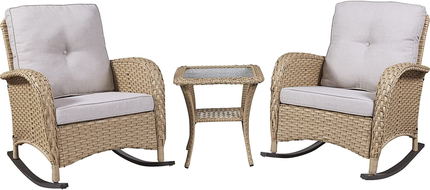Rilyson Wicker Rocking Chair Swivel Chairs 3PC Rocker Outdoor Furniture Set Rattan Patio Bisro