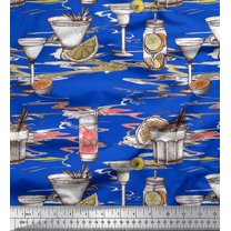 Soimoi Blue Japan Crepe Satin Fabric Lemon Slice & Soft Drink Beverages Printed Craft Fabric by the Yard 42 Inch Wide
