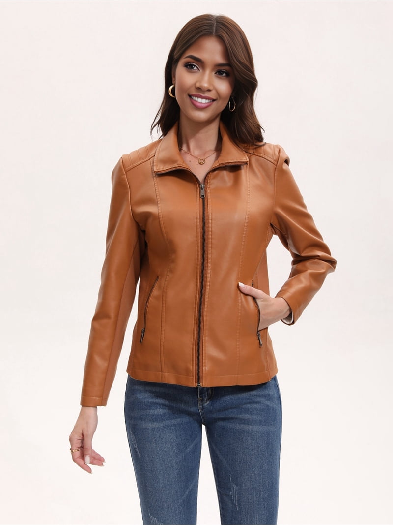 Faux Leather Jacket for Women Motorcycle Fashion Zip Up Coat