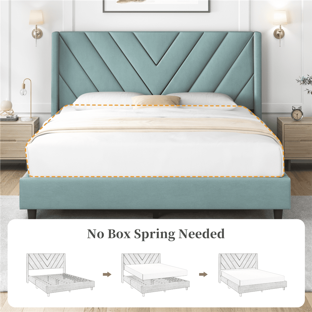Renwick Upholstered Platform Bed Frame with Tufted Headboard, Blue Lake, All Ages, Queen