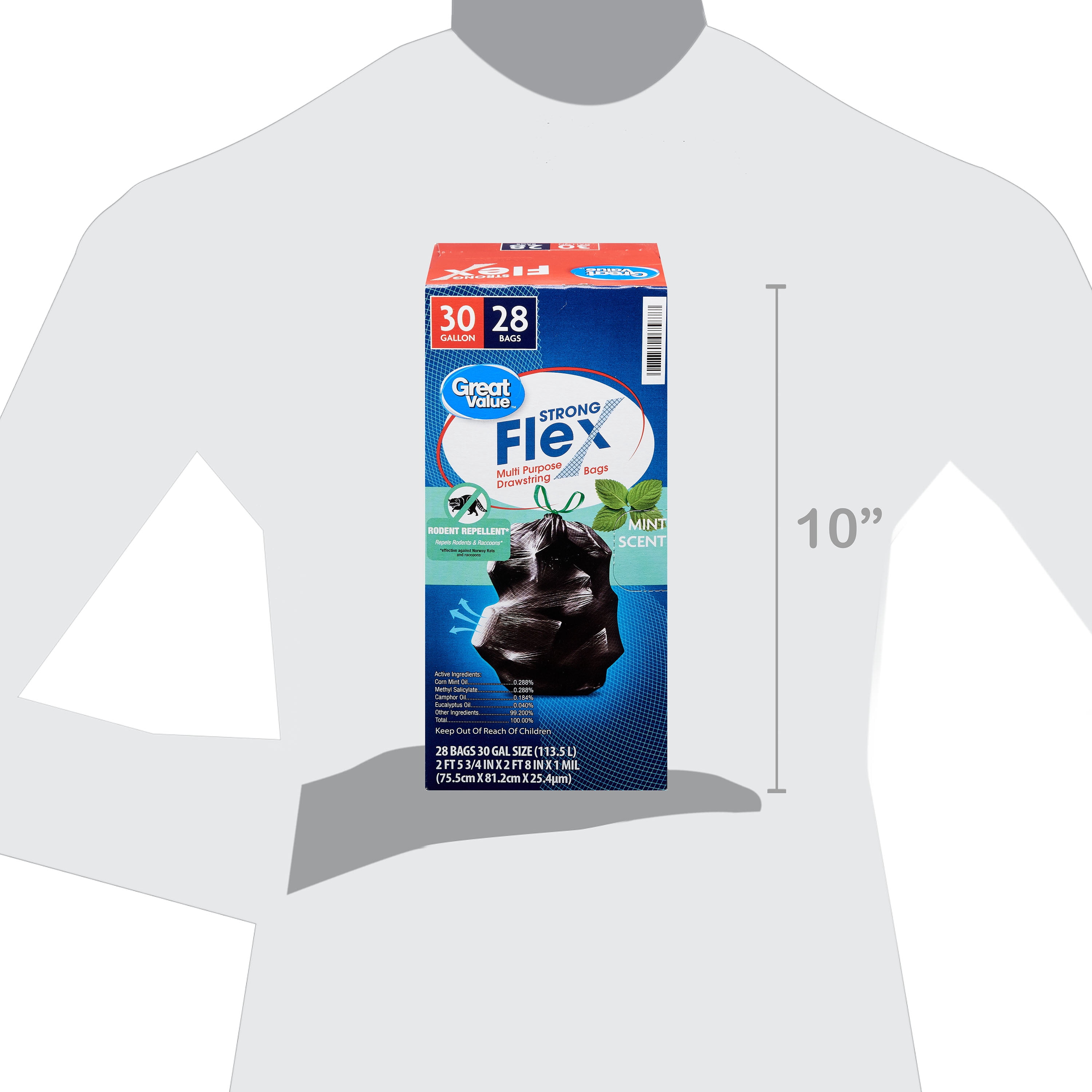 Great Value Strong Flex Multi Purpose Trash Bags, 30 gal, 28 Count, Drawstring, Mint Scent
