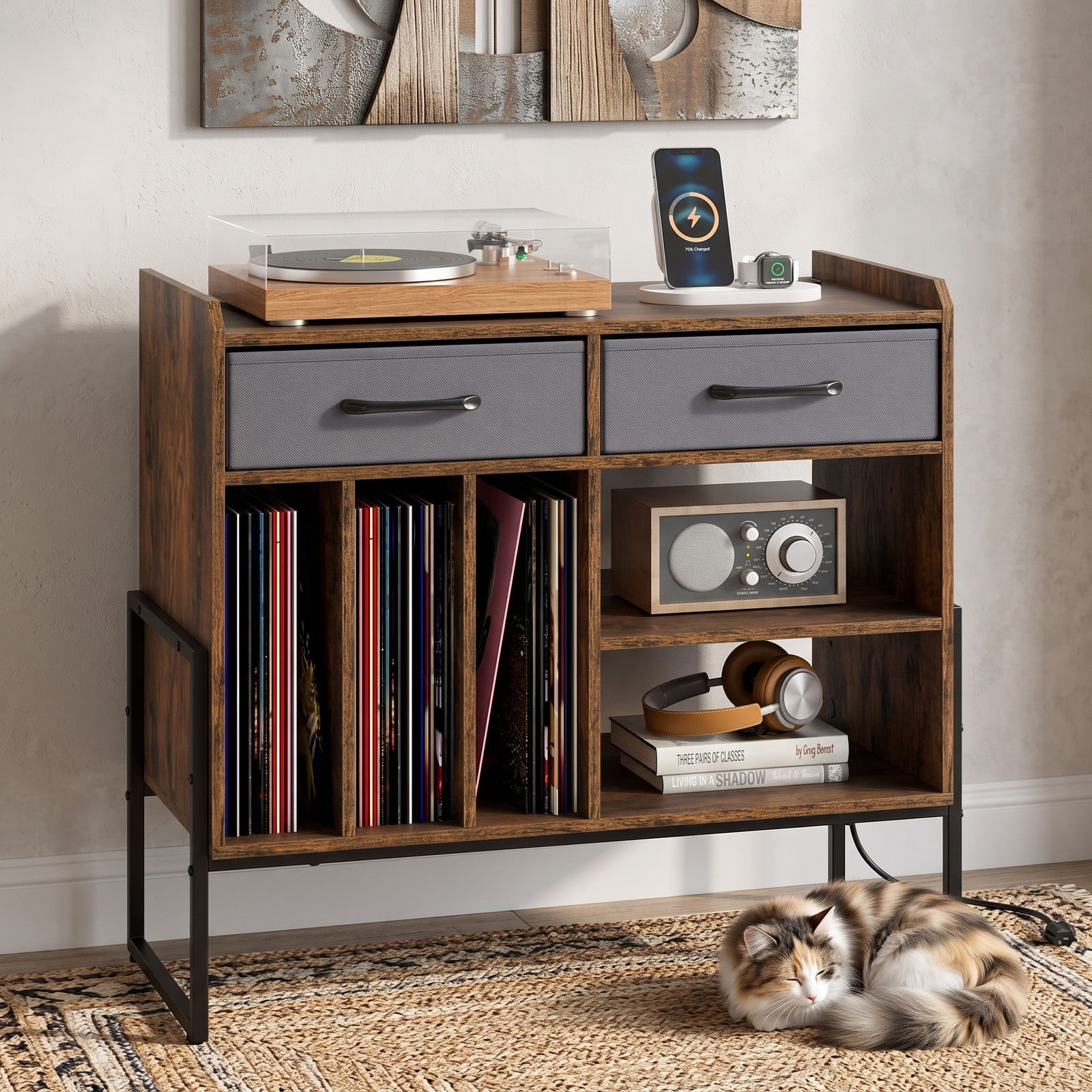 Furnibear Record Player Stand with Charging Station, Mid Century Modern Vinyl Storage Cabinet with USB and Type-C Ports, 2 Fabric Drawers and Adjustable, Rustic Brown