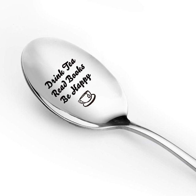 Drink Tea Read Books Be Happy Spoon - Cuchara de té divertida grabada de acero inoxidable para amantes del té - Lo mejor para amantes de los libros Amigos ratones de biblioteca - Perfecto para cumplea