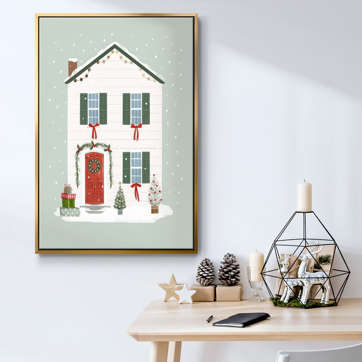 Festive Front Door III - Framed Gallery Wrapped Holiday Canvas - 17 x 25 - Gold Frame