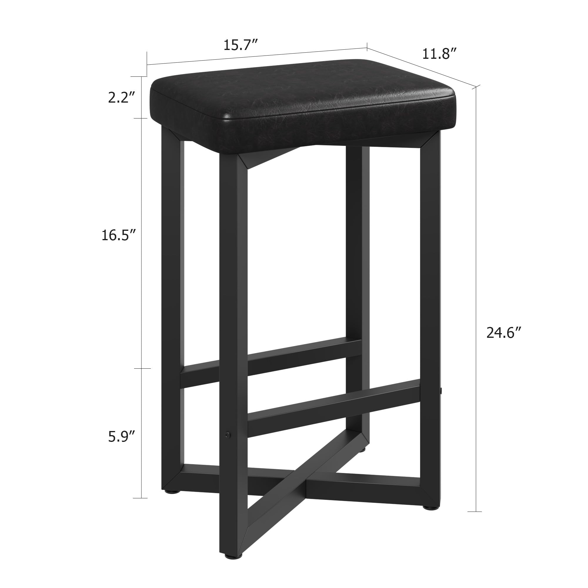 Counter Height Bar Stools Set of 2, 24.6 Inch Barstools for Kitchen Island Counter, PU Leather Kitchen Stools with Thick Saddle Seats & Heavy Duty Metal Base, Easy Assembly, All Black