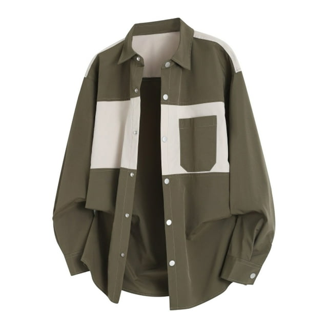 LIaqionyy Men's Shirts Jacket Button down Long Sleeve Color Block Shirt Collared Tops Shacket Jackets with Pockets