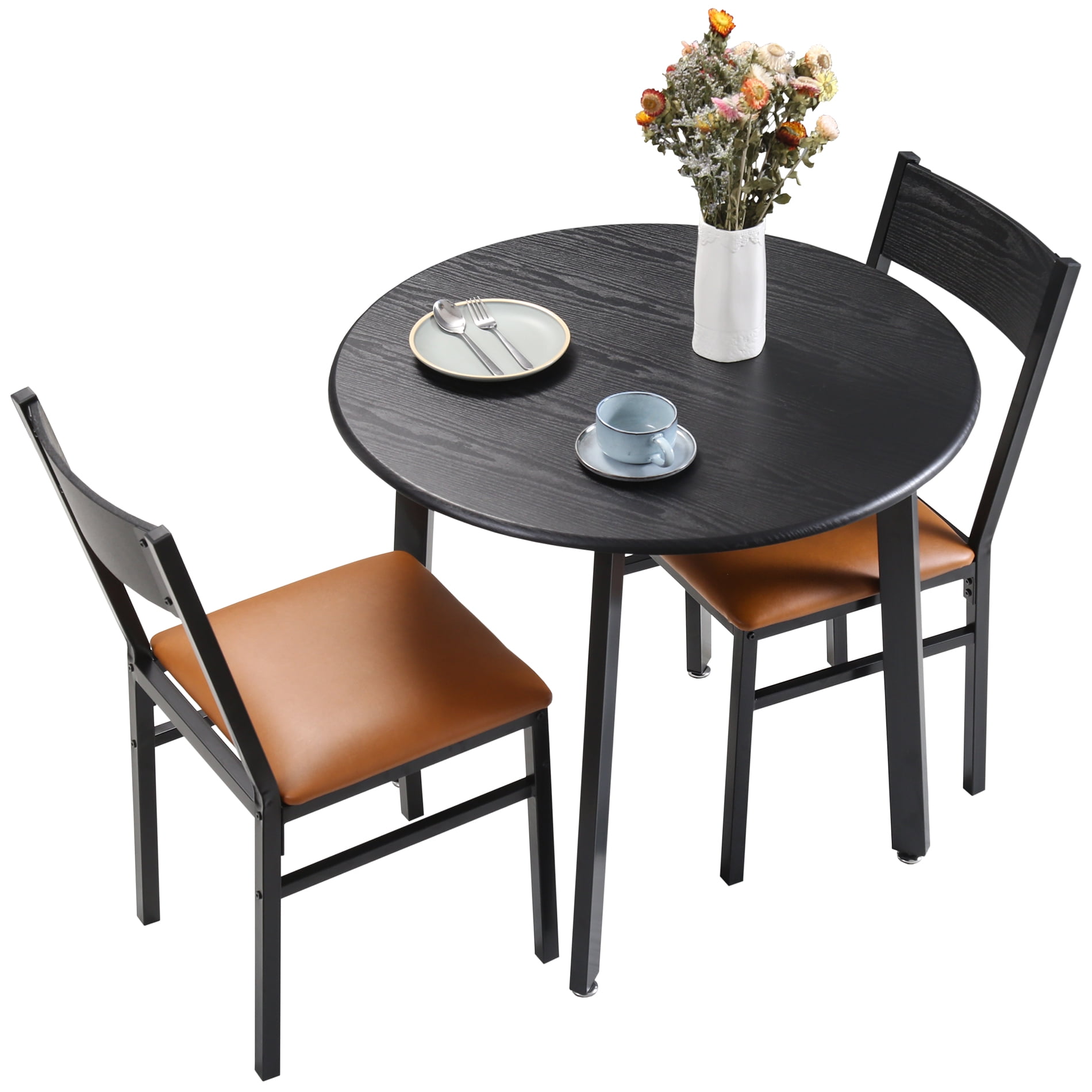 3 Piece Round Dining Table Set With Cushioned Chairs For Dining Room