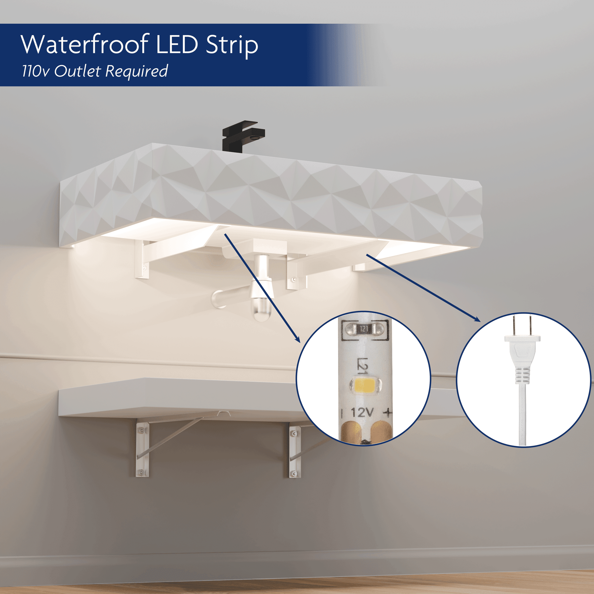 GESIPOR 32"x19" Bathroom Floating Vanity Sink with LED Light, Wall-Mount Stone Resin Bathroom Vessel Sink Rectangular Modern Art Basin with Shelf Layer