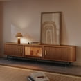 thumbnail image 2 of POVISON-94.49"Mid-Century Modern Tambour Door TV Stand with LED Lights, Walnut Color TV Console, Ash Rolling Door Media Console with legs, 2 of 8