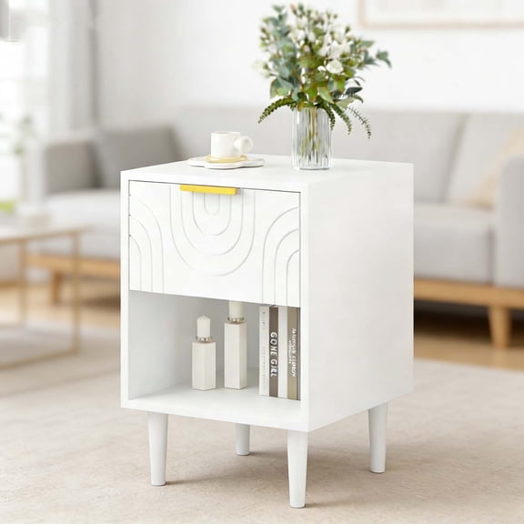 Compact White Bedside Table with Drawer & Gold Handle, Modern Wood Leg Kids Nightstand, Ideal for Boys Girls Small Bedroom Spaces