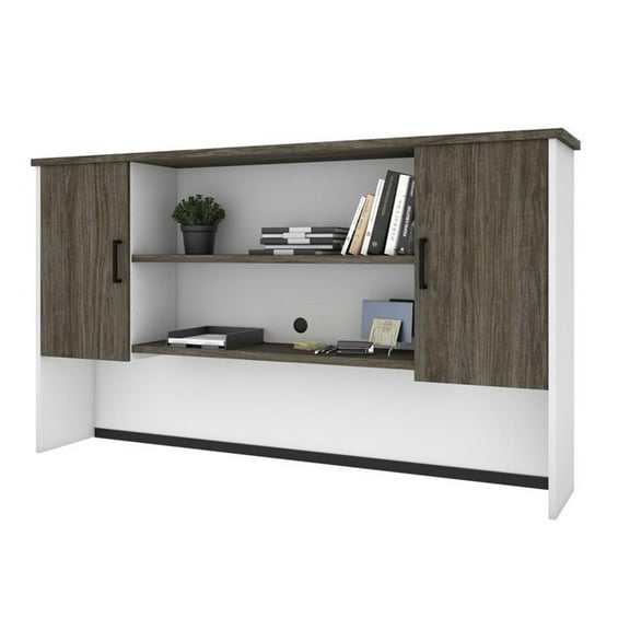 Pemberly Row Traditional 2 Door Desk Hutch in Walnut Gray and White
