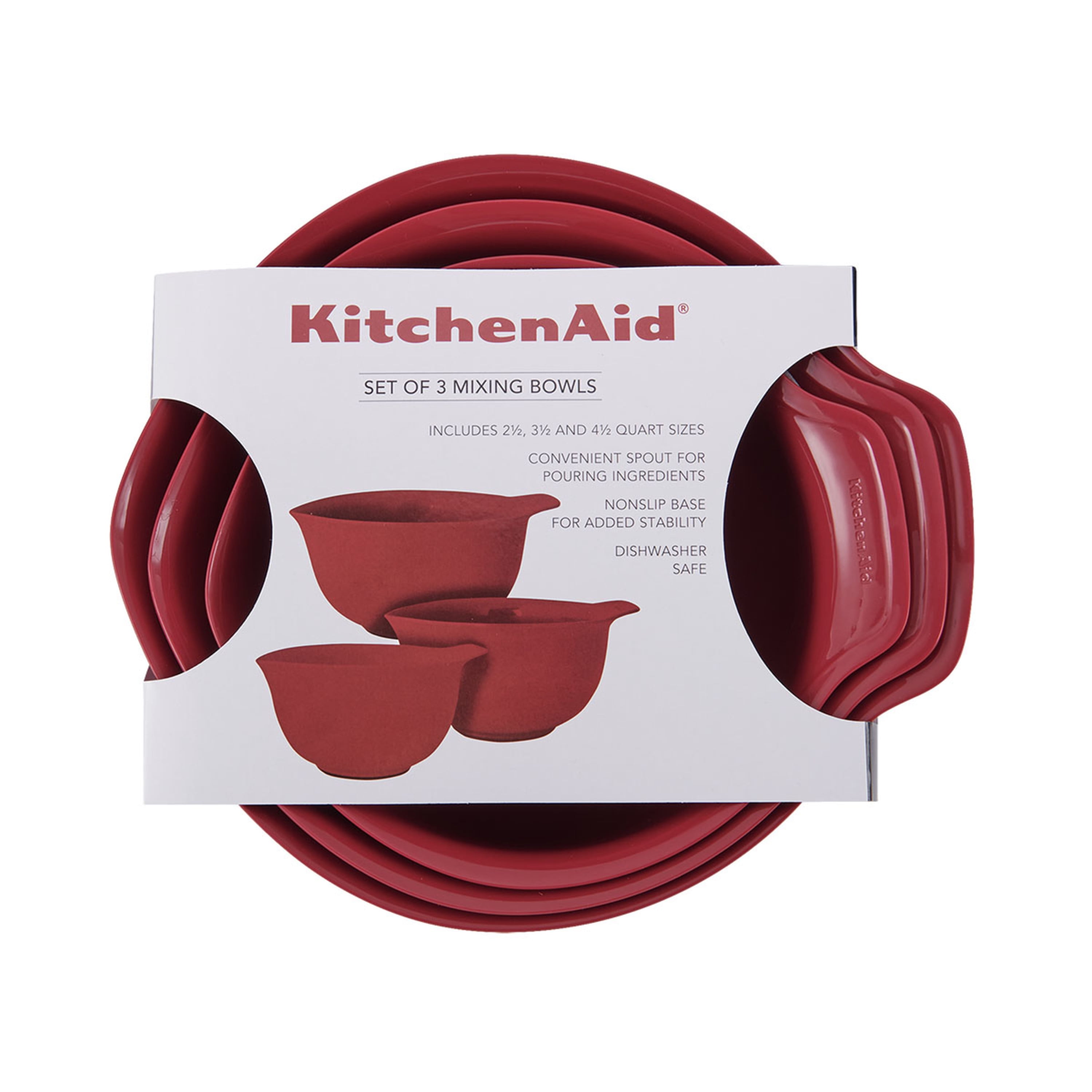 KitchenAid Universal Easy Pour Non-Slip Mixing Bowl - Red, Grey & White - 3 Pieces