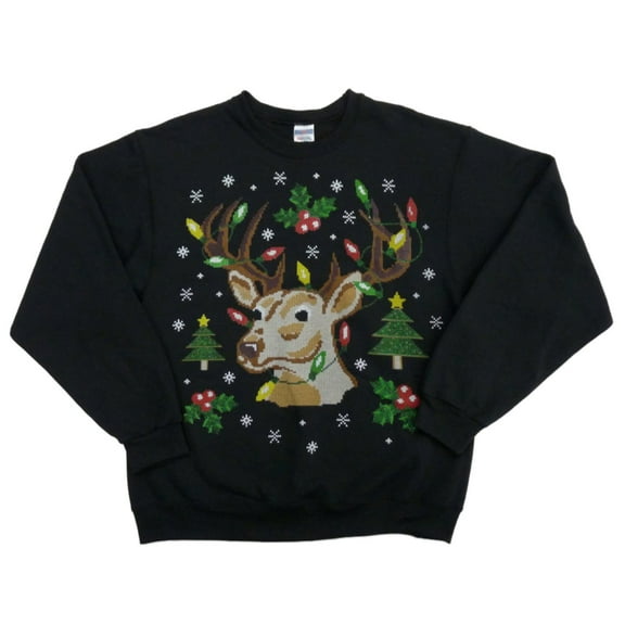 Holiday Party Mens Black Reindeer & Mistletoe Christmas Sweatshirt L