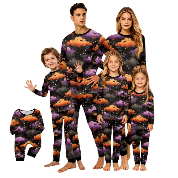 Matching Family Halloween Pajamas Set - 2026 Cute Ghost & Pumpkin Print Two-Piece Sleepwear Pjs - Family Matching Pajamas Soft Holiday Loungewear Halloween Matching Pajamas for Family
