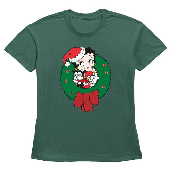 Women's Betty Boop Christmas Characters Wreath  Graphic Tee Pine X Large