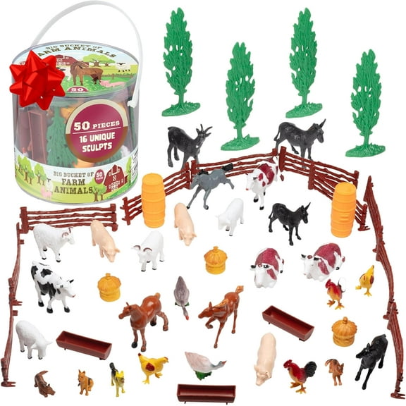 SCS Direct Farm Animal Toys Action Figures 50 Piece Toy Playset for Toddlers & Kids - 16 Unique Barnyard Animals and Accessories- Includes Cows, Horses, Chickens, Pigs and More, Ages 3 