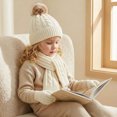thumbnail image 4 of dazeni Kids Winter Warm Hat Gloves Scarf Set Cable Knit Hats Beanie with Pom Mittens for Boys Girls White 3-12 Years, 4 of 5