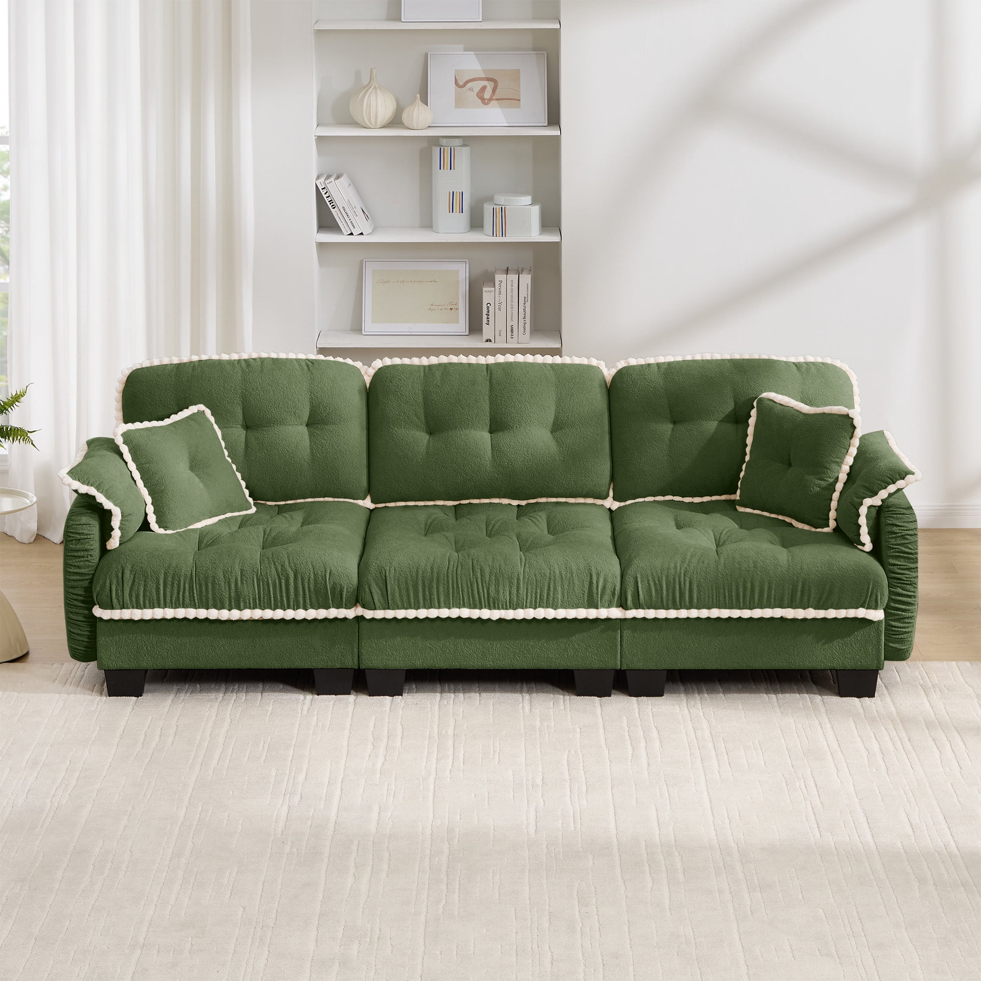 Anpport 100" Chenille Cloud 3‑Seater Sofa with 4 Pillows, Pom‑Pom Trim, Quilted Tufted Ergonomic, Easy Assembly Deep Seat for Living Room Apartment, Green