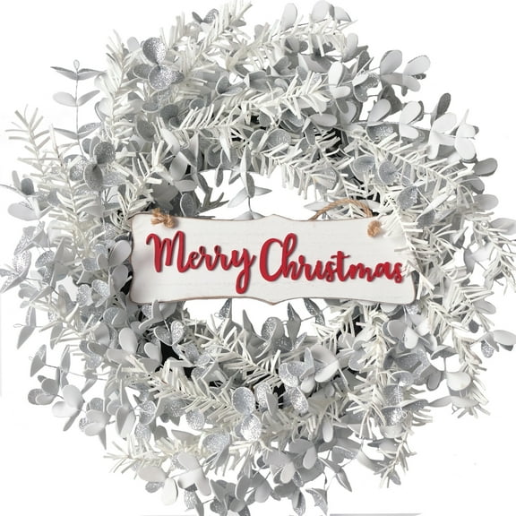 20 Inch Christmas Wreath for Front Door, Artificial Snow Flocked Wreath with Boxwood, Silver Winter Wreath for Fireplace Windows Wall Table Centerpiece Indoor Outdoor Xmas Decor