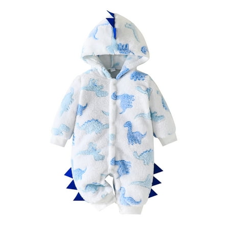 

Awevudst Baby Boy Plush Hooded Romper Dinosaur Button Long Sleeve Jumpsuit