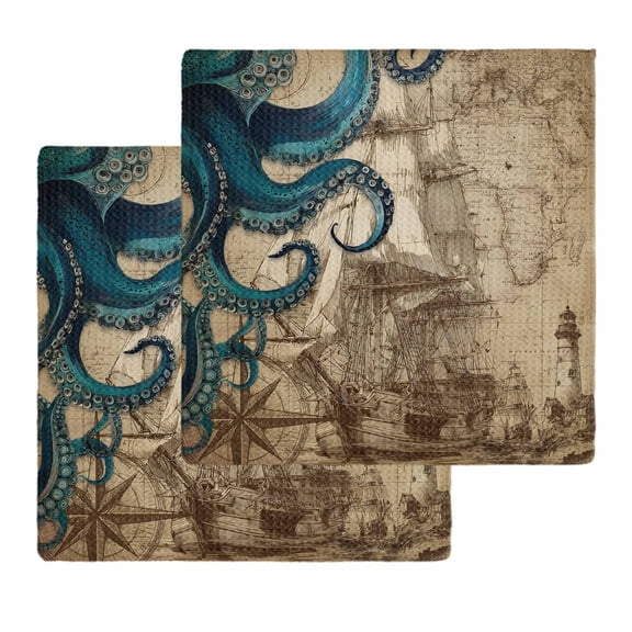 Nautical Blue Octopus Kitchen Dish Towels for Drying Dishes Set of 2, Coastal Ocean Summer Vintage Sea Waffle Weave Microfiber Hand Tea Bathroom Towels Quick Dry & Absorbent Towel 12x12