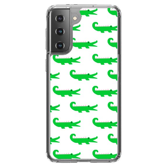 DistinctInk Clear Shockproof Hybrid Case for Galaxy S21 5G (6.2" Screen) - TPU Bumper, Acrylic Back, Tempered Glass Screen Protector - Green White Alligators - Cartoon Alligators