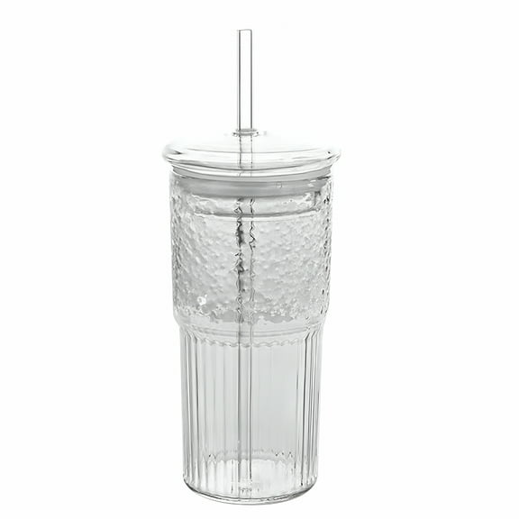 ACDANC Kitchen Cups Glass Cups with Drinking Tube and Lids 1Pcs 20Oz Glass Cups Drinking Jar Clear Iced Coffee Cups Vintage Ripple Glassware for Water Coffee Tea Clear