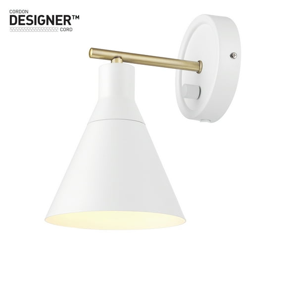 1-Light Matte White and Brass Dimmable Plug-In or Hardwire Wall Sconce with Stepless Dimming Rotary Switch
