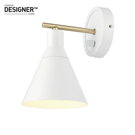 1-Light Matte White and Brass Dimmable Plug-In or Hardwire Wall Sconce with Stepless Dimming Rotary Switch