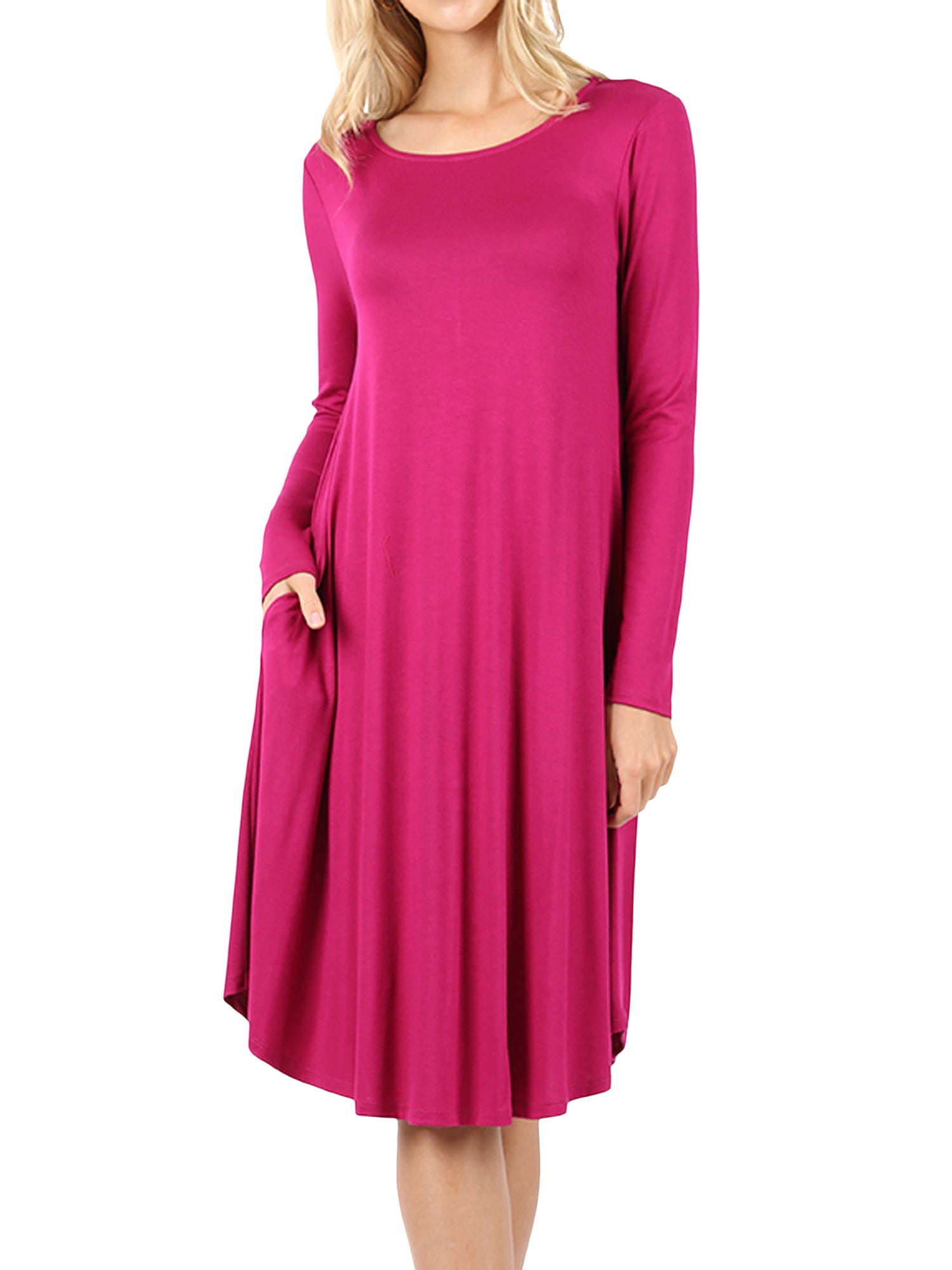 Homecoming Dresses Walmart Purple Dress Womens Plus Round Neck Long Sleeve  Knee Length A-Line Swing Trapeze Dress (Magenta, M)