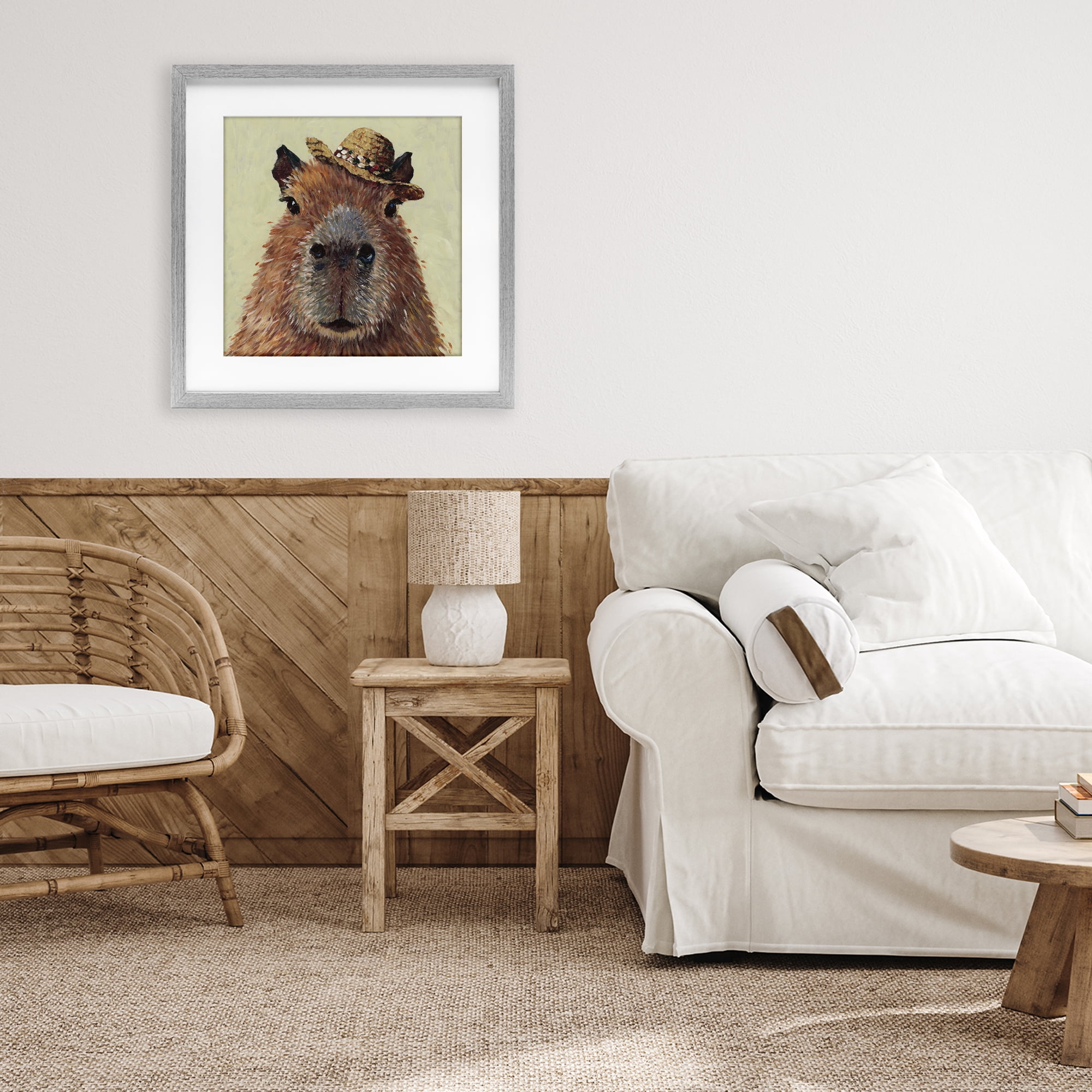 Stupell Industries Capybara with Straw Hat Gray Framed Print Under Glass, design by Studio Bautista