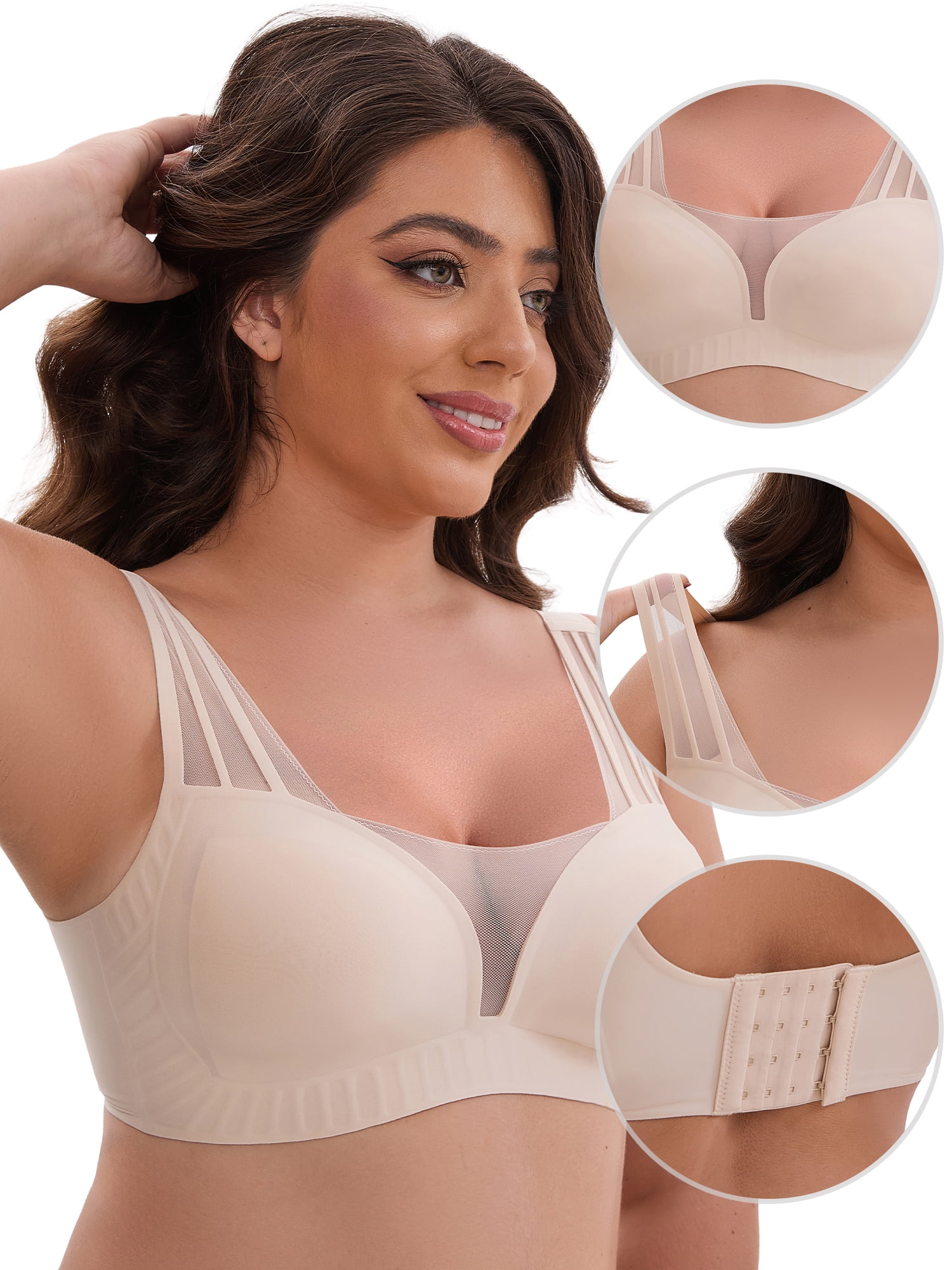 DARING DIVA Mesh Wireless Push Up Wide Straps V-Neck Lightweight Bra XL Beige
