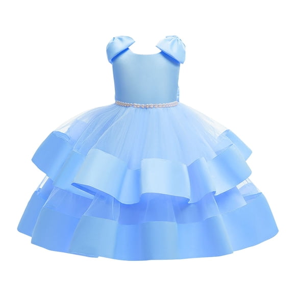 HBFAGFB Formal Dress Girls Fashion Children's Bow Knot Lace Mesh Skirt Wedding Dresses Sky Blue Size 130