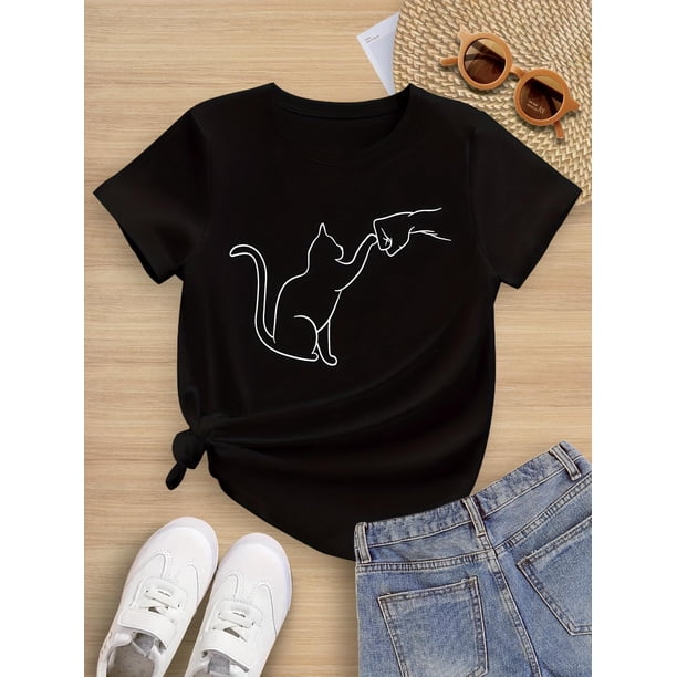 Girls' Casual Crew Neck T-Shirt with Cat High-Five Print - Polyester Knit Top with Slight Stretch for Kids 8-14 Years, Summer Animal Pattern Fashion Tee
