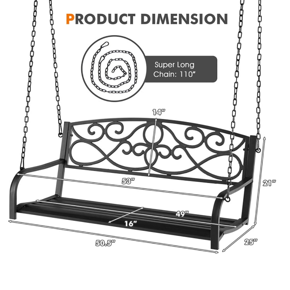 Aimee Lii Outdoor 2-Person Metal Porch Swing Chair with Chains, Comfy Outdoor Chair, Black