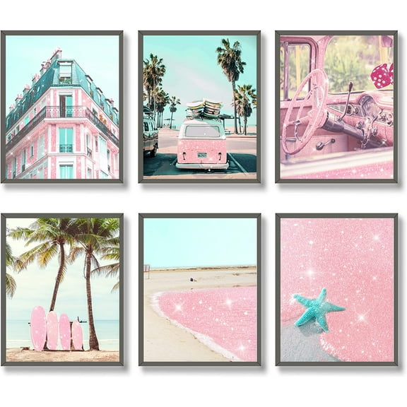 Fashion Wall Art Prints Glam Pink Canvas Wall Art Decor Beach Car Coconut Tree Landscape Pictures Photos Posters for Bedroom Living Room (8"x10" UNFRAMED)