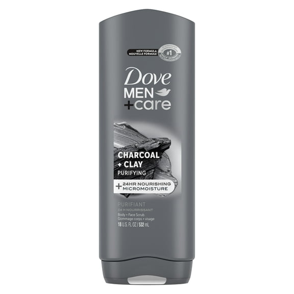 Pack of 2 Dove Men Care Purifying Hydrating Men's Face and Body Wash, Charcoal and Clay, 18 fl oz