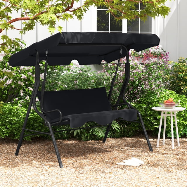 Hamaca Columpio Costway 3 Asientos Patio Estructura de Acero Acolchada Negro