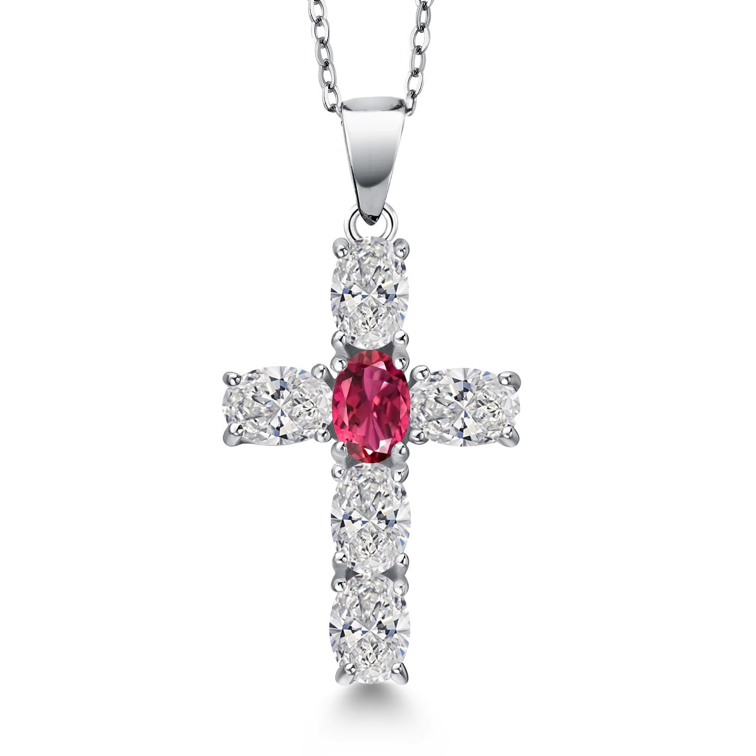 Gem Stone King 925 Sterling Silver Lab Grown Diamond and Pink Tourmaline Cross Pendant Necklace for Women | 2.48 Cttw | Gemstone April Birthstone | Oval 6X4MM | With 18 inch Chain