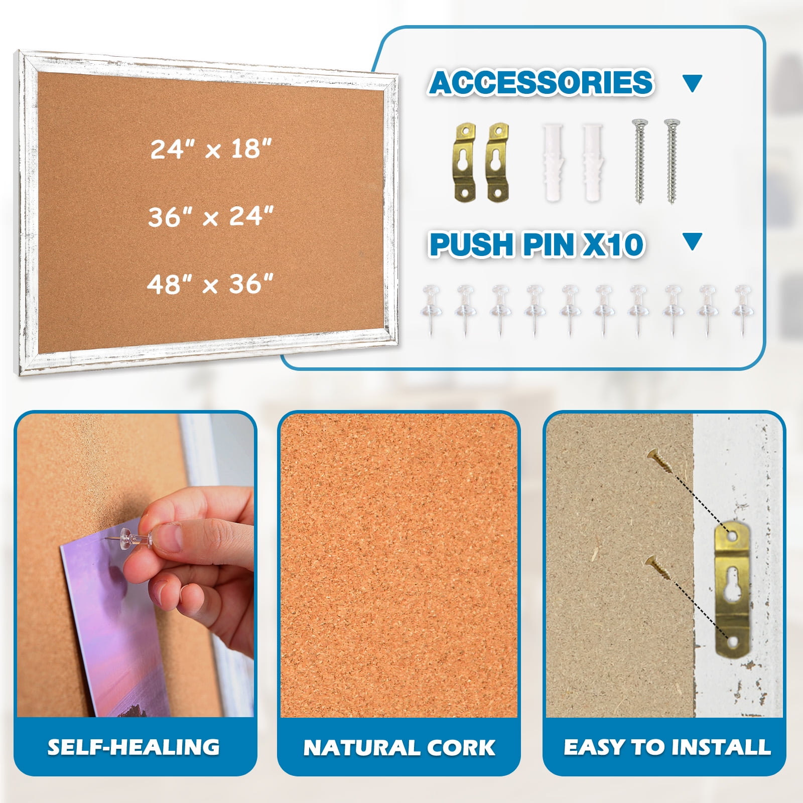 Cork Board Bulletin Board 24 x 18 Inches Cork Notice Pin Board Memo Board with Vintage Style White Wooden Frame for Display Home Decor Office Kitchen with 10 Pushpins, White Framed