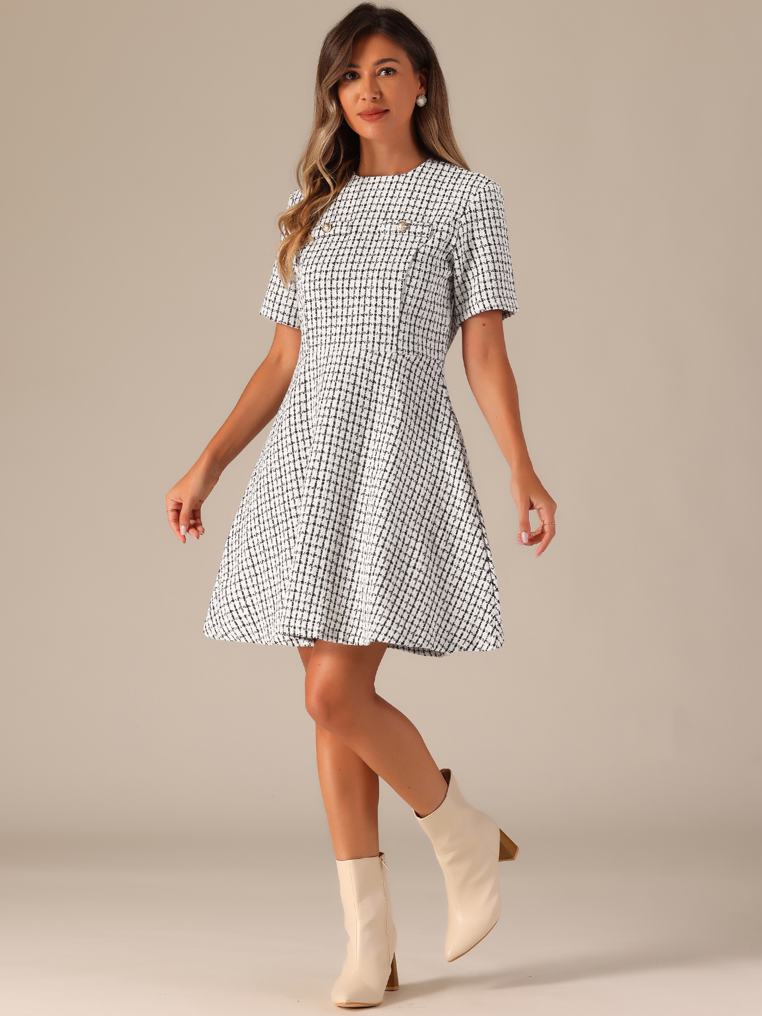 DARING DIVA Elegant Short Sleeve A-line Plaid Tweed Dress XS Apricot