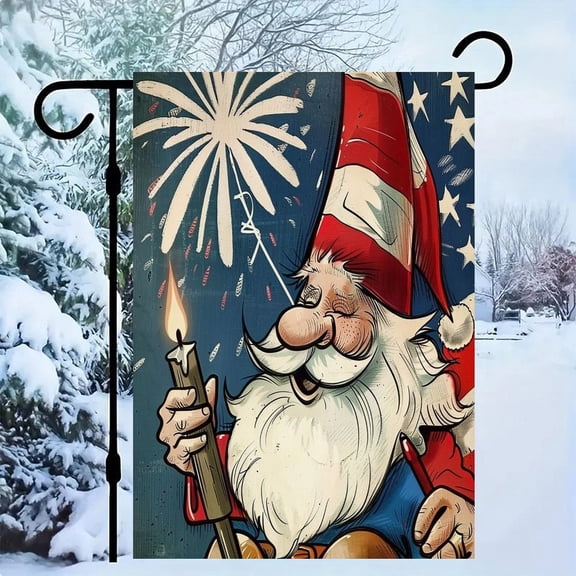 RKSupls Patriotic Linen Double Sided Garden Flag, Independence Day Themed Yard Decor, Patriotic Gnome Firework Outdoor Banner for Holiday Lawn