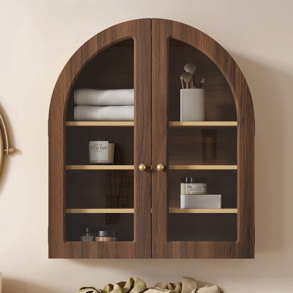 Joyyskill Arched Bathroom Wall Cabinet Modern Wooden Medicine Cabinet with Acrylic Doors, Farmhouse Wall Mounted Cupboard Storage Organizer, Brown Oak