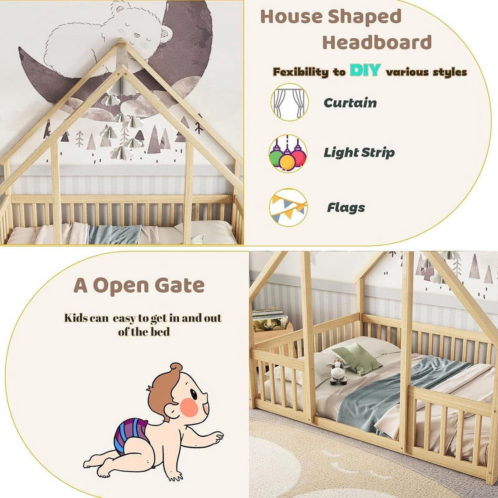 Duxelifin Twin Size House Floor Bed Frame with Triangular Roof and Fence Rails, Wooden Floor Bed Frame Girls,Boys, Montessori Floor Bed, Easy Assembly (Natural)
