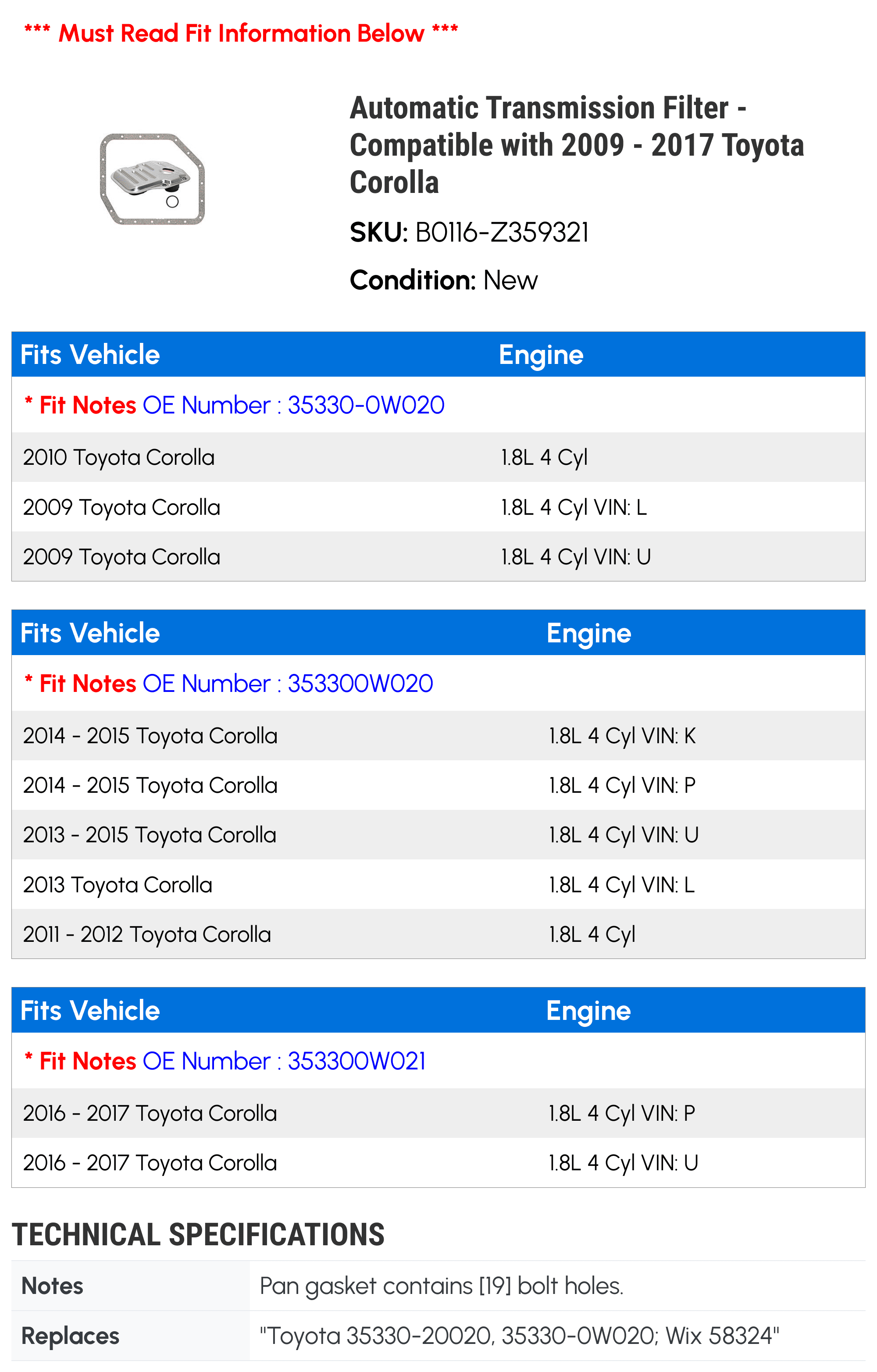 Automatic Transmission Filter - Compatible with 2009 - 2017 Toyota Corolla 2010 2011 2012 2013 2014 2015 2016