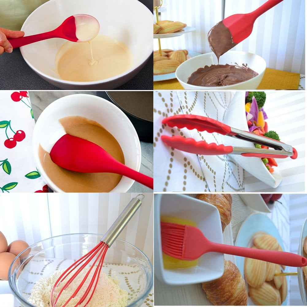  Set of 10 Pieces Silicone Kitchen Cooking Utensils With  Hygienic Solid Coating,Heat Resistant Baking Spoonula,Brush,Whisk,Large and  Small Spatula,Ladle,Slotted Turner and Spoon,Tongs,Pasta Fork Red : Home &  Kitchen