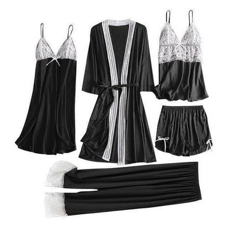 5Pcs Sexy Women Pajamas Sets Ladies Satin Lace Trousers Shorts Nightdress Robe Pajamas Lingerie
