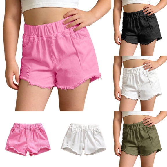 SGMVNU Girls Summer Shorts Casual Distressed Shorts Loose Fit Solid Color Elastic Waist Fashion Bottoms Cotton Play Shorts, Size 6-7 Years, Pink